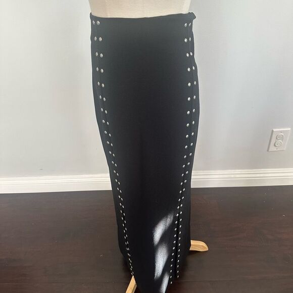 Maje Studded Accents Midi Length Black Skirt with Slits - Picture 3 of 10